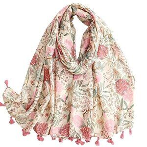 Floral Pink & White Lightweight Tassel Scarf – Boho Shawl Wrap 34 x 70